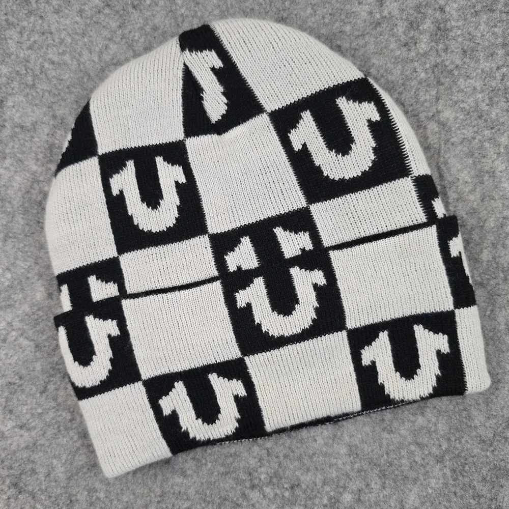 True Religion Beanie Unisex OS Black White Checkered Logo Faux Fur Lined Hat